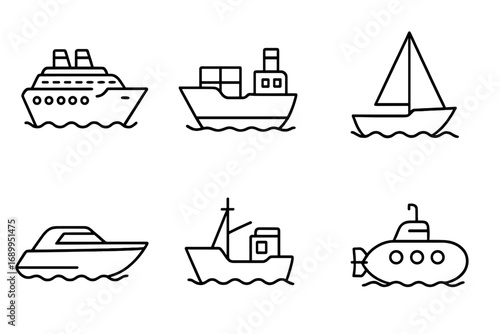 Ship and boat line icon set. Maritime transport collection. Vector outline symbols for web and graphic design. Includes cruise liner, cargo ship, sailboat, submarine, yacht.