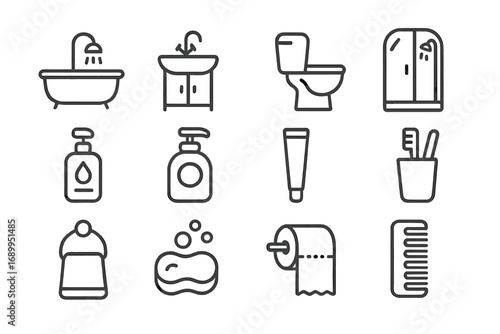 Bathroom line icon set. Home hygiene and toiletries outline symbols. Vector collection of bathtub, toilet, sink, shower, soap, toothpaste, and toilet paper illustrations.