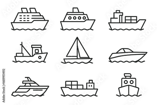 Ship and boat line icon set. Vector collection of various water transport signs. Cruise liner, cargo ship, sailboat, yacht, fishing boat symbols for web and graphic design.