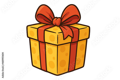 Yellow gift box that looks like cheese with a red ribbon. Vector cartoon illustration for celebration and special occasions. Funny present for birthday, holiday, Christmas.