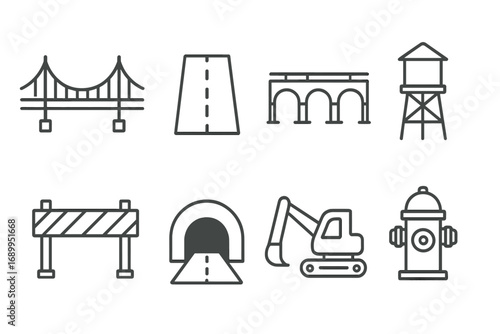 Infrastructure construction line icon set. Civil engineering, public works and urban development symbols. Bridge, road, tunnel, excavator, water tower and utilities icons.