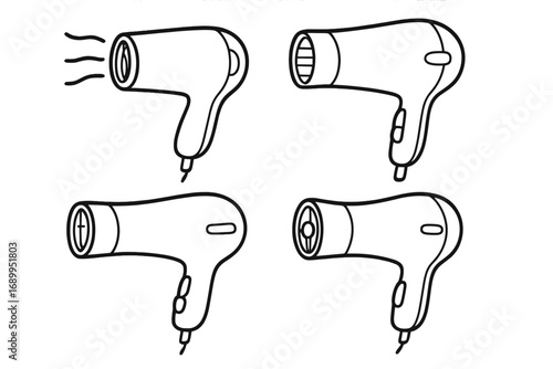 Hair Dryer Vector Icons Set, Cartoon Style Hairdryer Illustration for Graphics, Apps, Beauty and Salon Concepts, Transparent Background, Collection of Four Designs