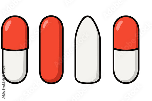 Pharmaceuticals capsules and pills set. Medicine drug vector illustration. Various medication shapes. Suppository, tablet, painkiller, vitamin. Healthcare pharmacy concept. Dose.