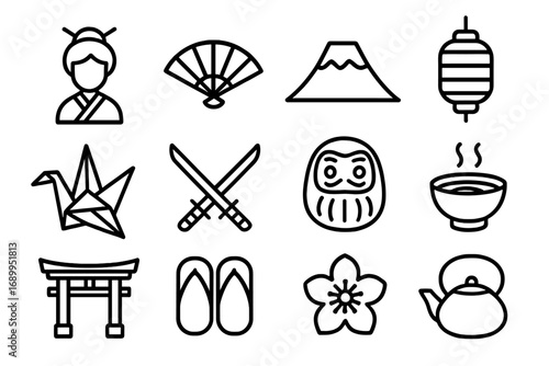 Japanese culture outline icon set. Traditional Japan symbols collection. Line art vector illustration. Geisha, fan, Fuji, lantern, origami crane, katana, daruma, torii gate.
