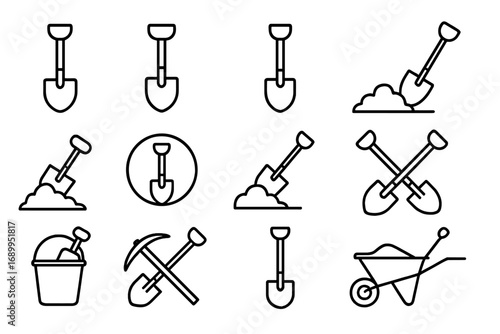 Shovel line icon set vector. Spade, pickaxe, wheelbarrow and bucket for construction and gardening. Digging tool outline symbol for web, apps. Ground excavation work.