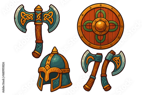 Viking weapons and armor set. Cartoon vector illustration of Norse warrior gear with axes, shield, helmet. Fantasy medieval game assets, icons. Decorative Celtic barbarian items.