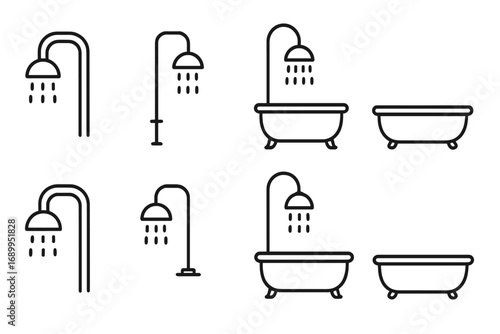 Shower and bathtub line icon set. Bathroom fixtures and plumbing symbols. Simple outline pictogram collection for web, app, and graphic design. Hygiene and water concept.