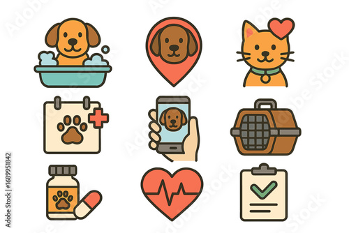 Pet care icon set. Veterinary medicine, grooming, and health management concept. Dog and cat cartoon symbols for mobile app, vet clinic, insurance, and animal services vector.