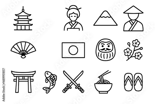 Japanese culture line icon set. Japan traditional symbols collection. Vector outline illustration of pagoda, geisha, fuji, torii, samurai sword, ramen, koi, daruma doll.