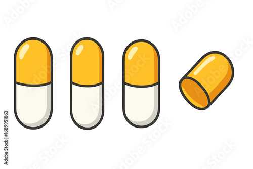 Capsule pill medicine set. Pharmaceutical drug medication icon collection. Vitamin supplement tablet symbol. Pharmacy healthcare concept. Medical treatment object. Vector cartoon.