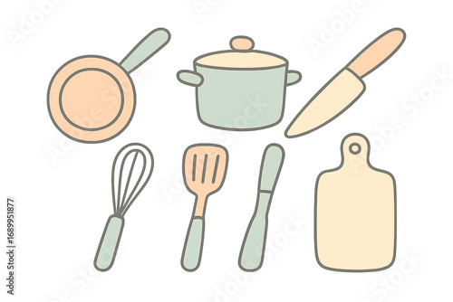 Minimalist kitchen tools set in soft pastel colors. Vector cartoon illustration of pan, pot, knife, whisk, spatula, cutting board for culinary designs. Isolated cookware icons.