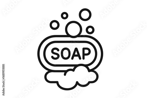 Soap bar with foam and bubbles line icon. Hygiene and cleaning concept. Vector outline symbol for skincare, sanitary products, web design. Personal care cartoon illustration.
