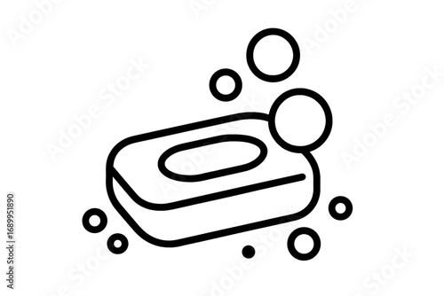 Soap bar with bubbles vector outline icon. Concept of hygiene, sanitation, washing hands, and cleanliness. Linear illustration for personal care, skincare, shower, bathroom, and suds.