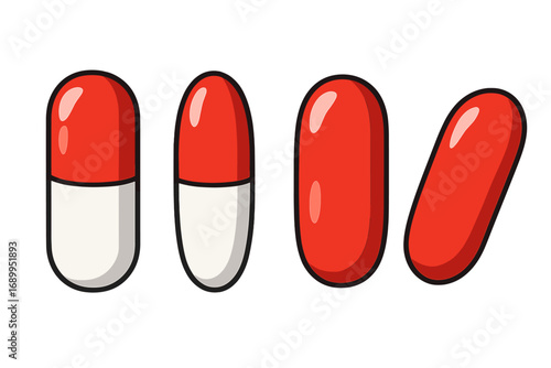 Red and white medical capsules icon set. Pharmaceutical pills for health treatment. Medicine drug vector collection for pharmacy and healthcare. Cartoon illustration isolated.