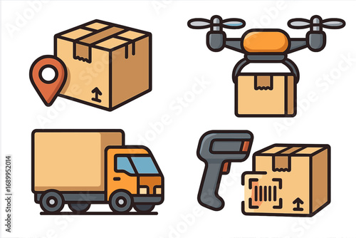 Logistics and delivery icon set. Vector cartoon illustration of package tracking, drone shipping, truck transport, and barcode scanning for e-commerce and supply chain concepts.