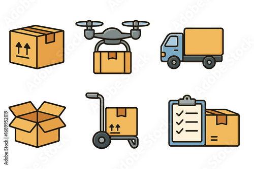 Logistics and delivery service icon set. Shipping and transport concept. Vector cartoon illustration of drone, truck, package, box, and checklist for e-commerce business.