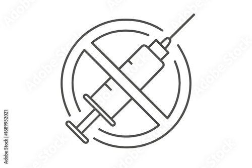 Prohibited needle syringe vector icon sign, no injection symbol outline, anti-drug and vaccination refusal concept, medical needle rejection, health warning graphic, transparent background