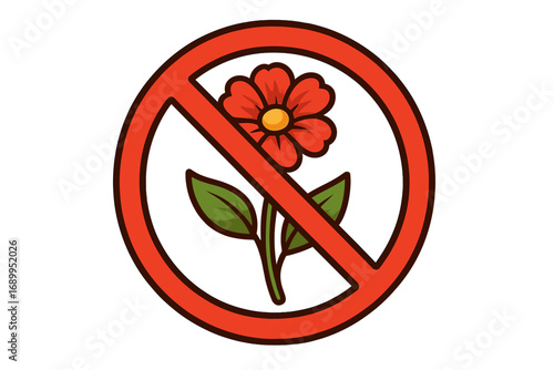 No Flowers Prohibited Sign Vector Illustration, Red Ban Symbol Over Cartoon Flower, Floral Restriction Icon for Design, Graphics, Advertisements, and Apps with Transparent Background