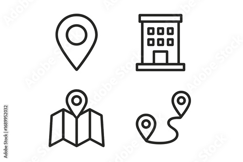 Location and navigation line icon set. Vector collection with map pin, building, office, route, and destination marker. GPS and direction symbols for app or web design.