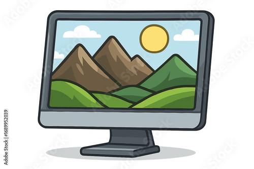 Digital landscape on computer monitor screen. Vector illustration of a desktop with nature wallpaper. Cartoon mountains, hills, sun and sky. Technology concept graphic design.