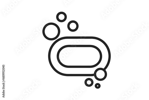 Soap bar with bubbles outline icon. Vector line art illustration for hygiene, cleaning, washing. Concept of cleanliness, sanitary, skincare, body care. Minimalist bathroom symbol.