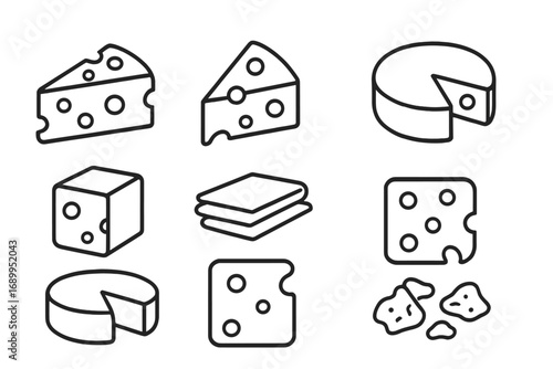 Cheese icon set. Dairy food outline collection. Vector pictogram for culinary design, menu, or website. Swiss, cheddar, emmental. Sliced, wedge, block, and wheel.