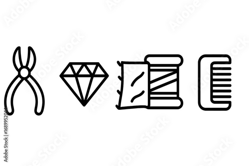 Craft & hobby icon set. Tools for sewing, jewelry making, hairdressing. Minimalist line art vector of pliers, diamond, fabric, thread spool, comb. DIY project symbols.