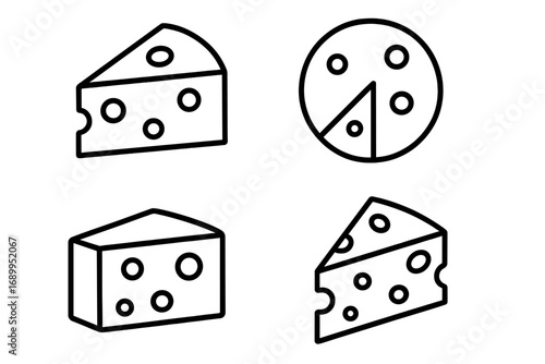 Cheese icon set in thin line style. Vector collection of dairy food symbols for projects. Gourmet swiss cheese slice, wedge, block and wheel for logo design. Simple pictogram.