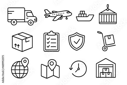 Logistics and shipping icon set. Transportation, delivery outline icons. Vector symbols for cargo, freight, global package tracking service, warehouse, and supply chain.