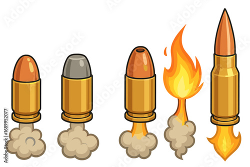 Vector set of cartoon bullets and ammunition. Firing pistol and rifle cartridges with smoke and fire plumes. Weapon ammo icons for games or military concepts. Isolated design.