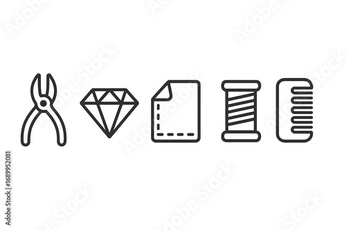 Crafting and hobby icon set vector illustration. Minimalist line art symbols for sewing, jewelry making, and beauty. Includes pliers, diamond, fabric pattern, thread spool, and comb.
