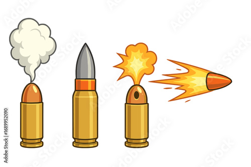 Cartoon bullet vector set. Ammunition collection with different firing stages. Includes smoking casing, fired shot with explosion and flash, and a speeding projectile with fire trail.
