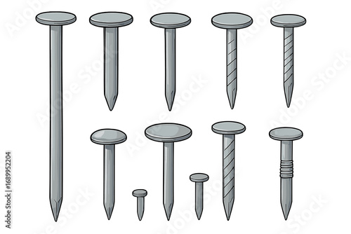 Various types of nails for construction and crafting. Set of metal hardware fasteners like spikes and tacks for carpentry and woodworking. Isolated vector cartoon illustration.