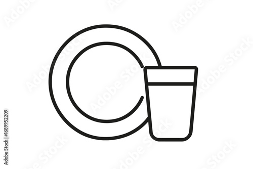 Plate and glass line icon. Minimalist tableware symbol. Clean dishes, dishwashing concept. Pictogram for restaurant, cafe menu, web, apps. Outline kitchenware vector illustration.