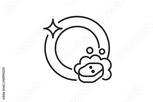 Washing dishes linear icon. Clean plate with soapy sponge and bubbles. Concept of dishwashing, household chores, hygiene, kitchen, and cleanliness. Outline vector illustration.