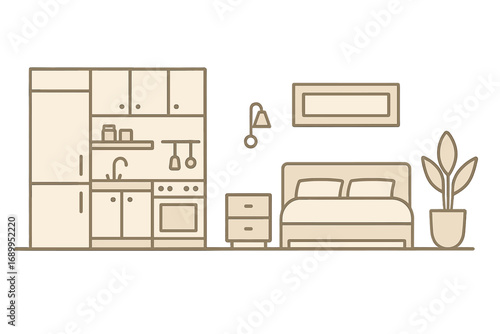 Minimalist studio apartment interior with kitchen and bedroom. Modern home furniture in neutral colors. Vector line art illustration for cozy living. Simple room layout design.