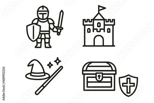 Medieval fantasy outline icon set. Knight, castle, magic, treasure, shield designs. Vector cartoon illustration. Line art for games, fairy tale, history, rpg elements.