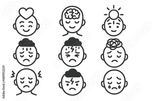 Mental health icon set. Psychology, emotions, mood disorder symbols. Vector illustration of stress, anxiety, depression, happiness, love, idea, anger, confusion, well-being.