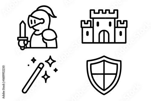 Medieval fantasy outline icon set. Knight, castle, magic wand, shield. Vector line art for RPG game, fairy tale, history. Heraldry, warrior, fortress, sorcery concepts.