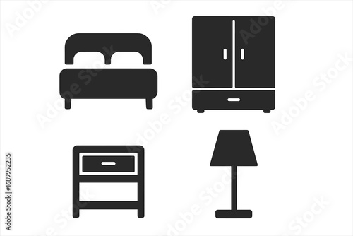 Bedroom furniture icon set. Minimalist silhouette collection of home interior decor elements. Vector pictograms. Simple flat design symbols for web and app. Bed, wardrobe, lamp.