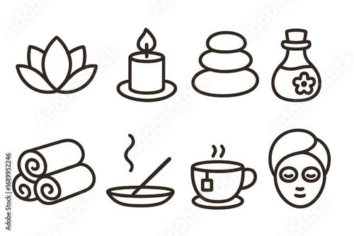 Spa and wellness line icon set. Minimalist vector symbols for beauty, relaxation, and self-care. Includes lotus, candle, hot stones, massage oil, aromatherapy, and face mask.