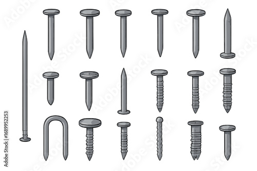 Set of different nails for construction and carpentry. Assortment of metal hardware. Common, roofing, masonry and finishing nails. Vector illustration isolated on white.