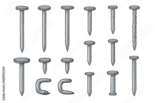 Nail types vector set for construction and carpentry. Assortment of iron hardware fasteners like tacks, pins, spikes, and staples. DIY and woodworking tools illustration.