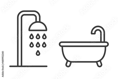 Shower and bathtub line icon set. Vector bathroom symbol illustration. Modern simple outline pictogram for website, mobile app, UI design. Hygiene, wash, clean concept.