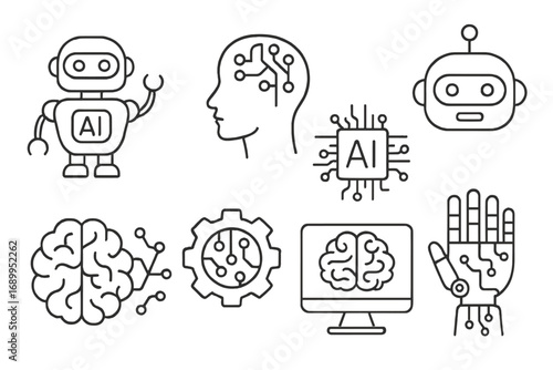 Artificial intelligence icon set. Vector line art collection of AI concepts. Robot, cyborg brain, CPU, machine learning, futuristic technology, automation and deep learning.