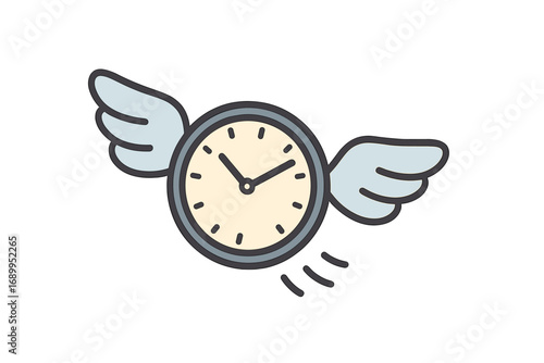 Time flying metaphor with clock and wings. Fast passing time concept. Deadline, urgency, and countdown timer icon. Watch in motion. Vector illustration isolated on white.