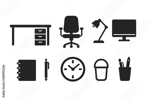 Minimalist black office icons set. Workplace essentials collection with desk, chair, lamp, computer. Business furniture and supplies vector illustration. Simple flat design elements.