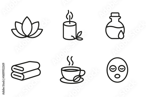 Spa and wellness line icon set. Minimalist vector symbols for beauty, relaxation, and self-care. Includes lotus, candle, essential oil, towel, herbal tea, and face mask.