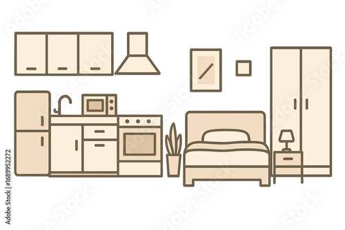 Minimalist studio apartment furniture set. Interior design elements with kitchen and bedroom. Vector illustration of home appliances, bed, wardrobe. Modern flat decor icons.