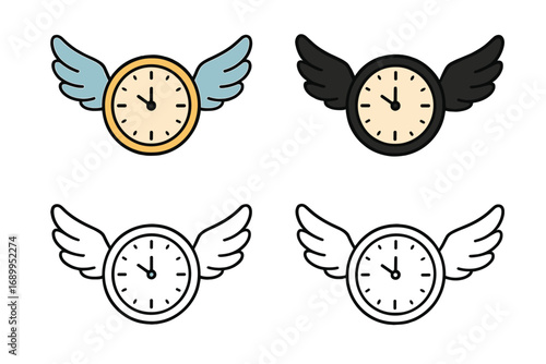 Time flies concept icon set. Flying clock with wings metaphor for deadline, urgency and time management. Fast time passing timer sign. Vector cartoon flat design illustration.